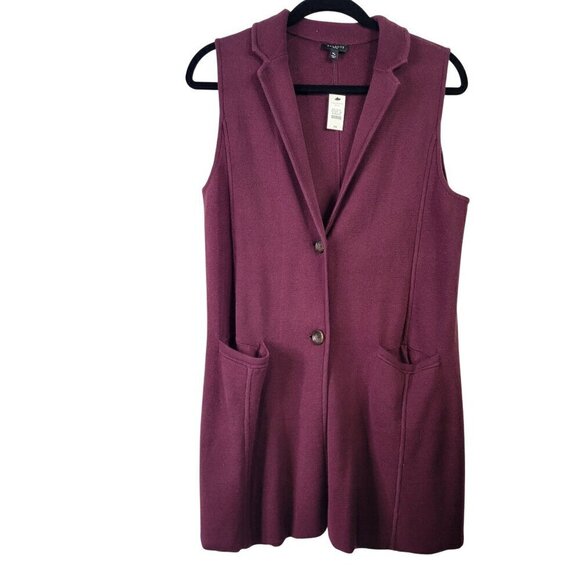 NWT Talbots Women Burgundy Sleeveless Collared Longline Cardigan Sweater Size MP - Picture 1 of 11